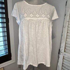 Women's White Eyelet Yoke Short Sleeve Top